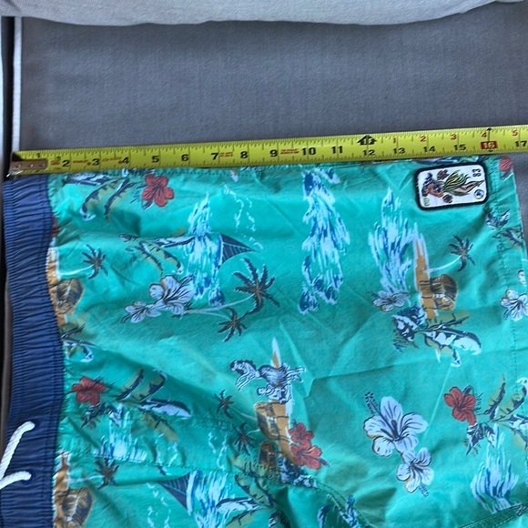 Quiet Storm Hawaiian print Green and Blue bathing suit trunks Mens XL - Picture 9 of 12